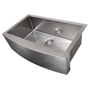 ZLINE Zermatt 30 in. Farmhouse Apron Mount Single Bowl Scratch Resistant Stainless Steel Kitchen Sink with Bottom Grid (SAS-30S) side, angled, no grate.