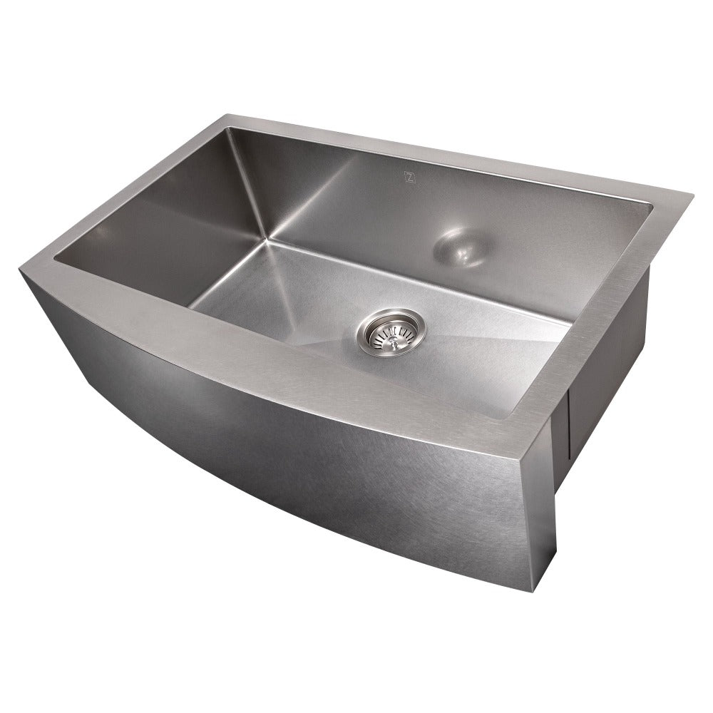 ZLINE Vail 33 in. Farmhouse Apron Mount Single Bowl Stainless Steel Kitchen Sink with Bottom Grid (SAS-33) side, angled, no grate.