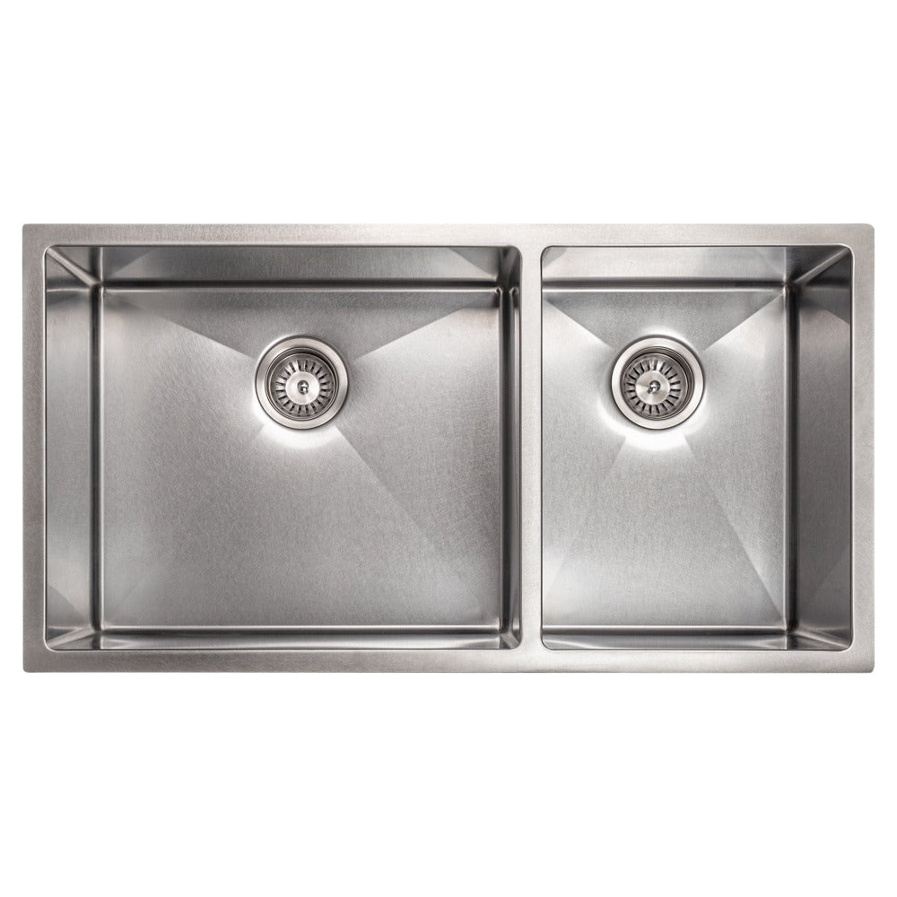 ZLINE Chamonix 36 in. Undermount Double Bowl Scratch Resistant Stainless Steel Kitchen Sink with Bottom Grid (SR60D-36S) overhead, no grate.