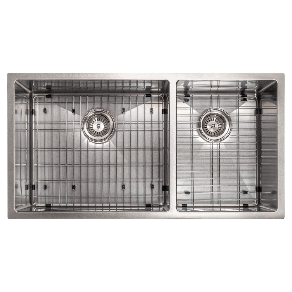 ZLINE Chamonix 36 in. Undermount Double Bowl Scratch Resistant Stainless Steel Kitchen Sink with Bottom Grid (SR60D-36S) overhead, with grate.