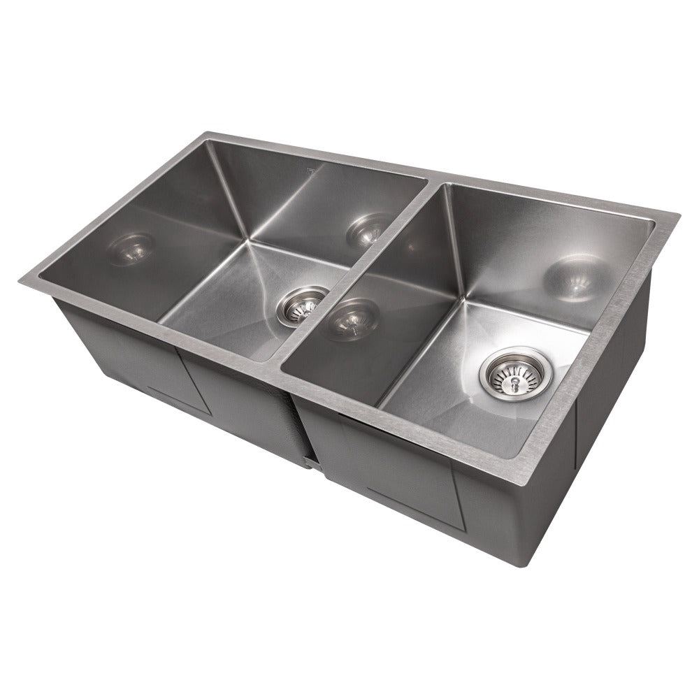 ZLINE Chamonix 36 in. Undermount Double Bowl Scratch Resistant Stainless Steel Kitchen Sink with Bottom Grid (SR60D-36S) side, angled, no grate.