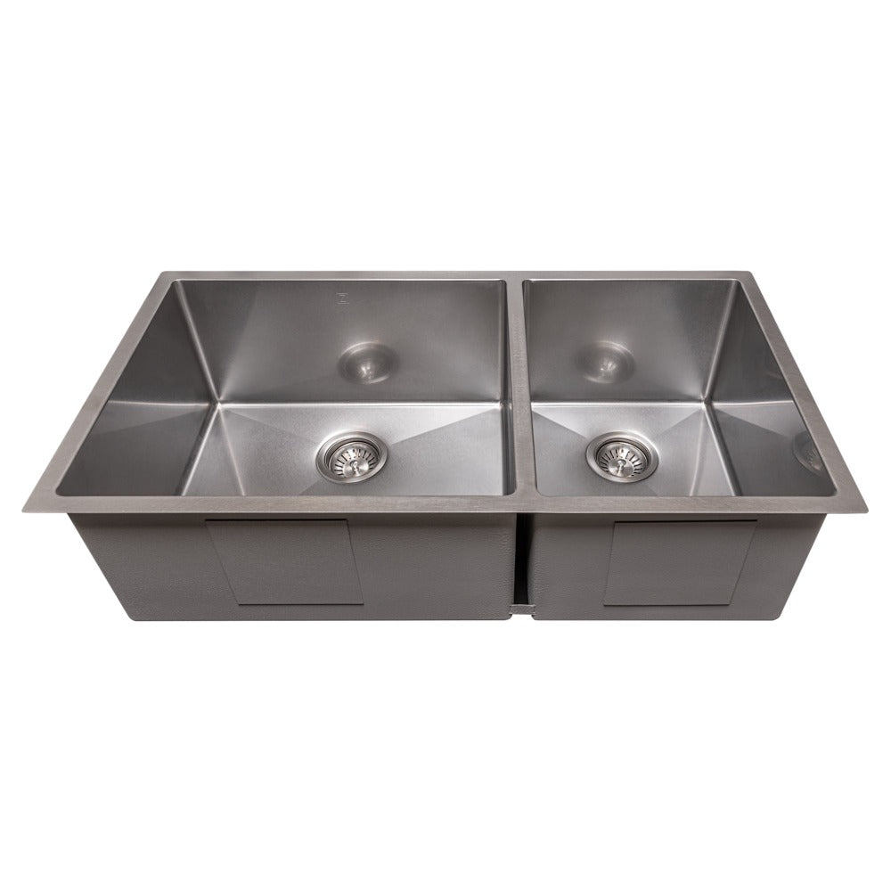 ZLINE Chamonix 36 in. Undermount Double Bowl Scratch Resistant Stainless Steel Kitchen Sink with Bottom Grid (SR60D-36S) front, above, no grate.