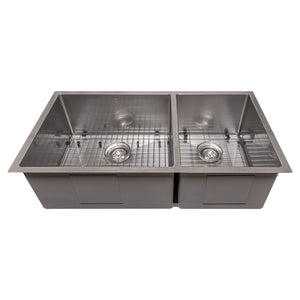 ZLINE Chamonix 36 in. Undermount Double Bowl Scratch Resistant Stainless Steel Kitchen Sink with Bottom Grid (SR60D-36S) front, above, with grate.