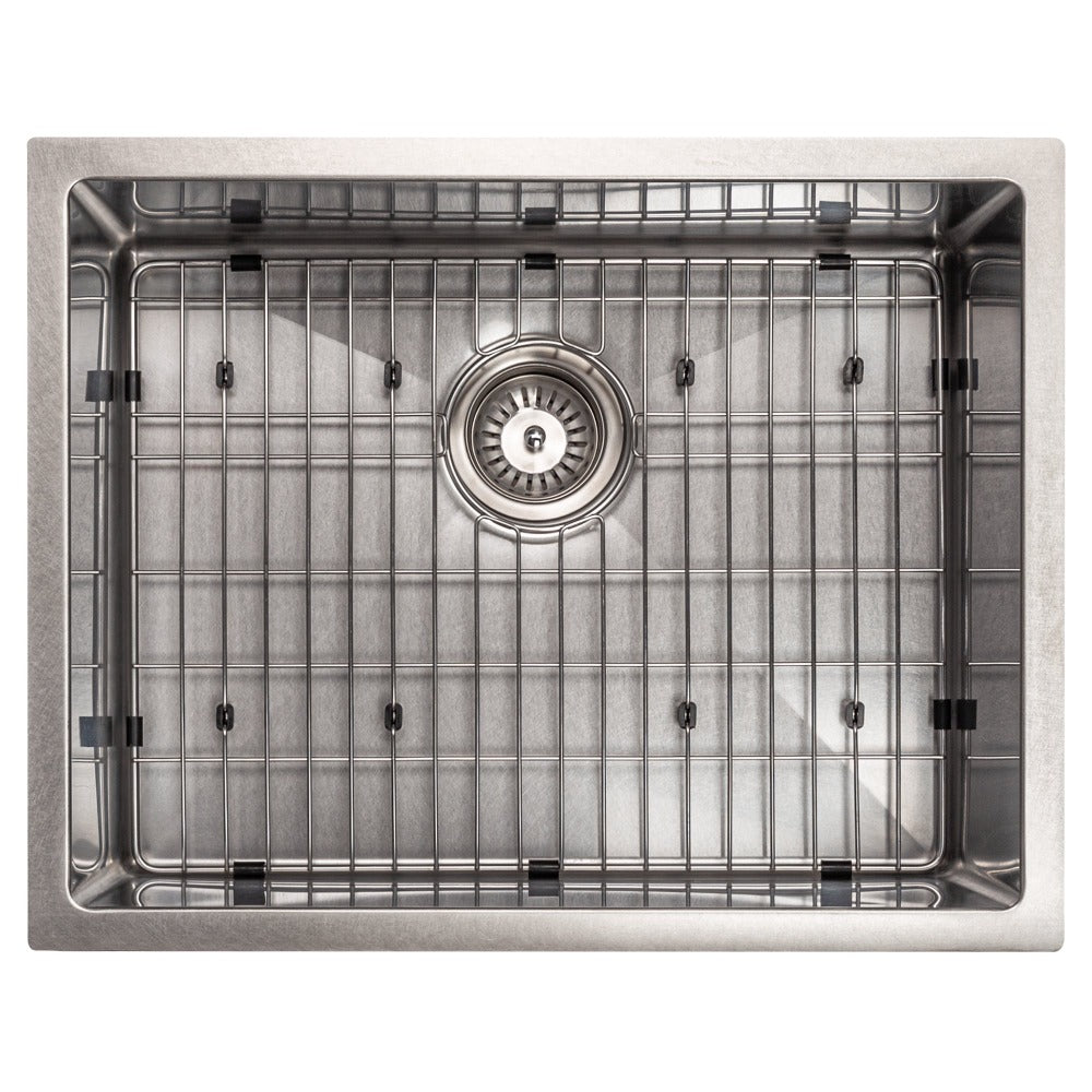 ZLINE Meribel 23 in. Undermount Single Bowl Scratch Resistant Stainless Steel Kitchen Sink with Bottom Grid (SRS-23S) overhead, with grate.