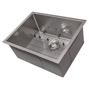 ZLINE Meribel 23 in. Undermount Single Bowl Scratch Resistant Stainless Steel Kitchen Sink with Bottom Grid (SRS-23S) side, angled, with grate.