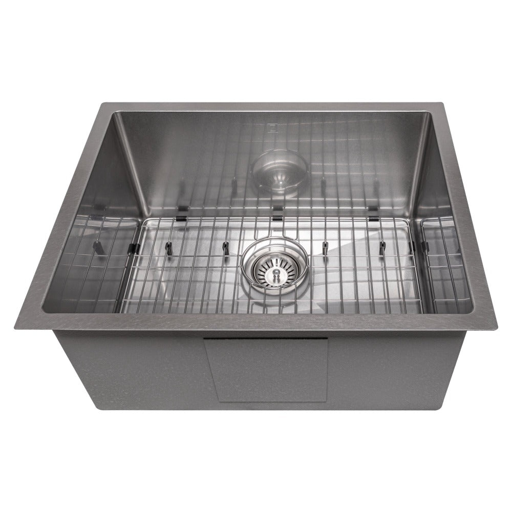 ZLINE Meribel 23 in. Undermount Single Bowl Scratch Resistant Stainless Steel Kitchen Sink with Bottom Grid (SRS-23S) front, above, with grate.