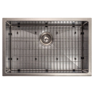 ZLINE Meribel 27 in. Undermount Single Bowl Stainless Steel Kitchen Sink with Bottom Grid (SRS-27) overhead, with grate.