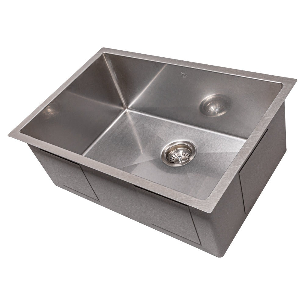 ZLINE Meribel 27 in. Undermount Single Bowl Stainless Steel Kitchen Sink with Bottom Grid (SRS-27) side, angled, no grate.