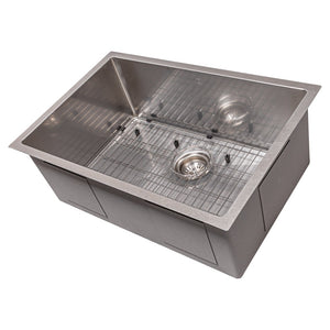 ZLINE Meribel 27 in. Undermount Single Bowl Stainless Steel Kitchen Sink with Bottom Grid (SRS-27) side, angled, with grate.