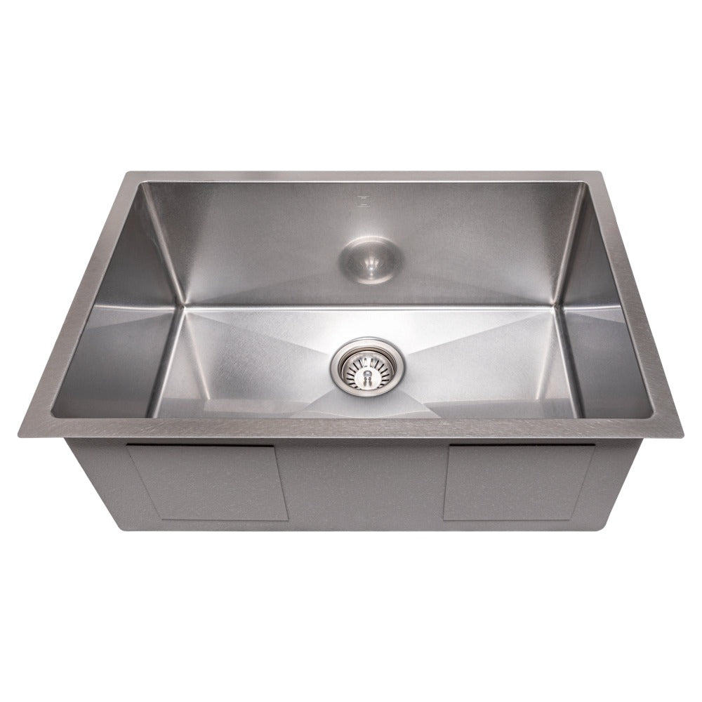 ZLINE Meribel 27 in. Undermount Single Bowl Stainless Steel Kitchen Sink with Bottom Grid (SRS-27) front, above, no grate.