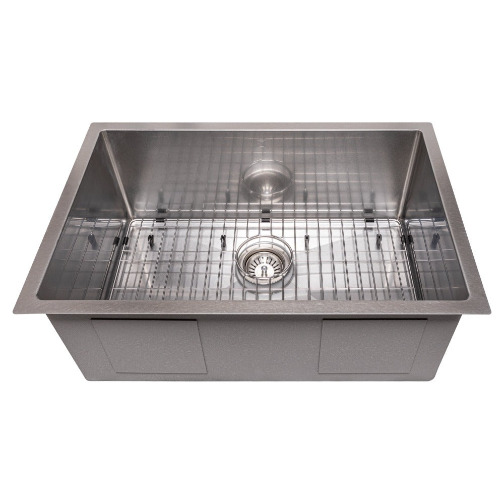 ZLINE Meribel 27 in. Undermount Single Bowl Stainless Steel Kitchen Sink with Bottom Grid (SRS-27) front, above, with grate.