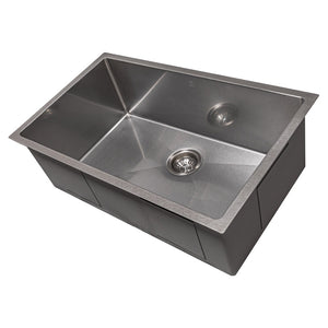 ZLINE Meribel 30 in. Undermount Single Bowl Scratch Resistant Stainless Steel Kitchen Sink with Bottom Grid (SRS-30S) side, angled, no grate.