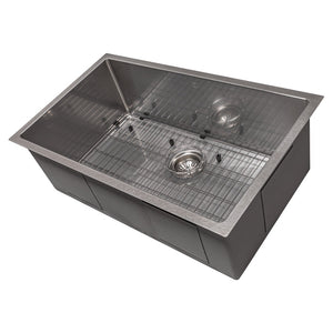 ZLINE Meribel 30 in. Undermount Single Bowl Scratch Resistant Stainless Steel Kitchen Sink with Bottom Grid (SRS-30S) side, angled, with grate.