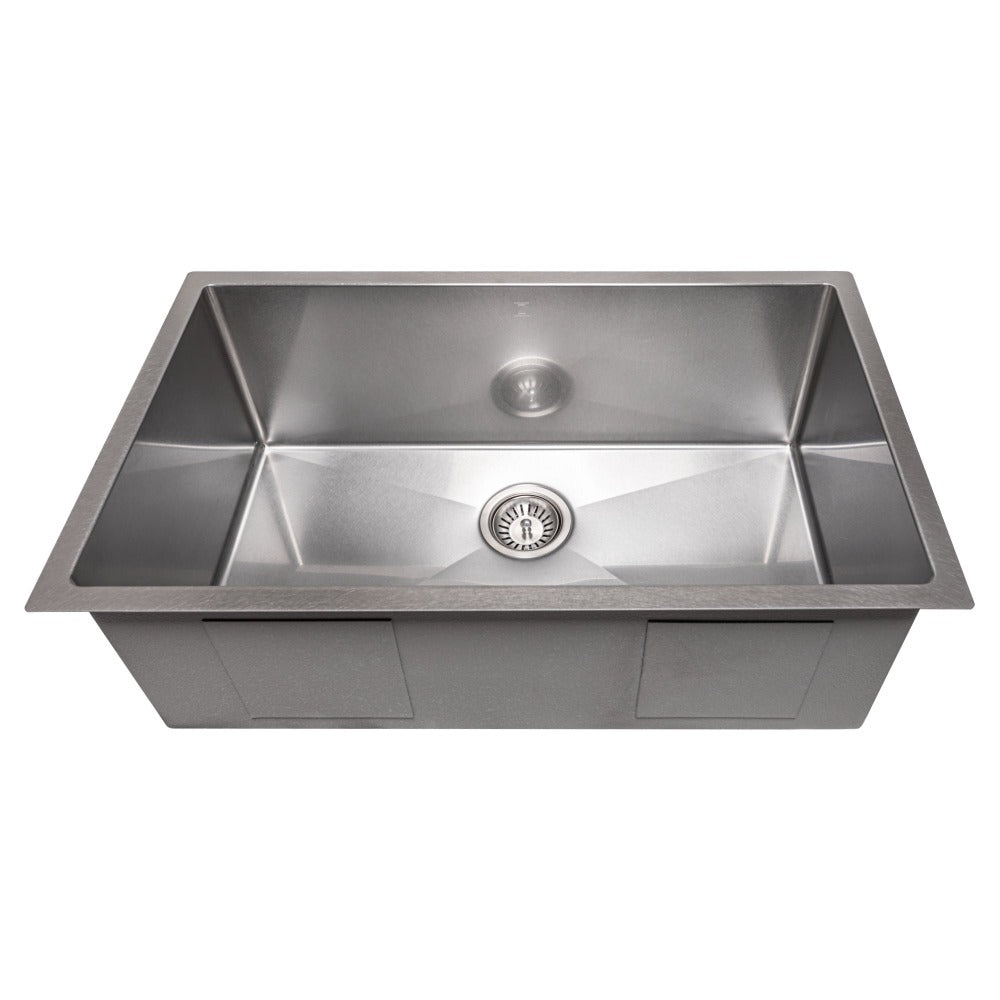 ZLINE Meribel 30 in. Undermount Single Bowl Scratch Resistant Stainless Steel Kitchen Sink with Bottom Grid (SRS-30S) front, above, no grate.