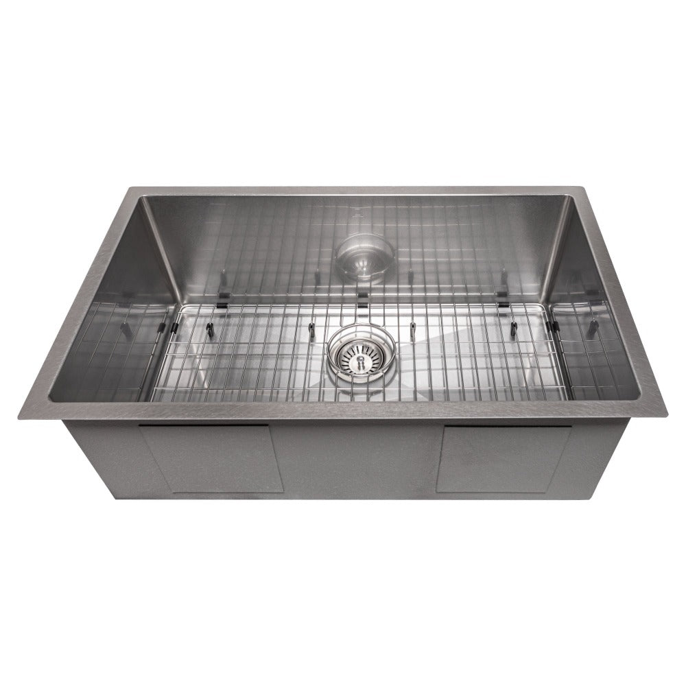 ZLINE Meribel 30 in. Undermount Single Bowl Scratch Resistant Stainless Steel Kitchen Sink with Bottom Grid (SRS-30S) front, above, with grate.