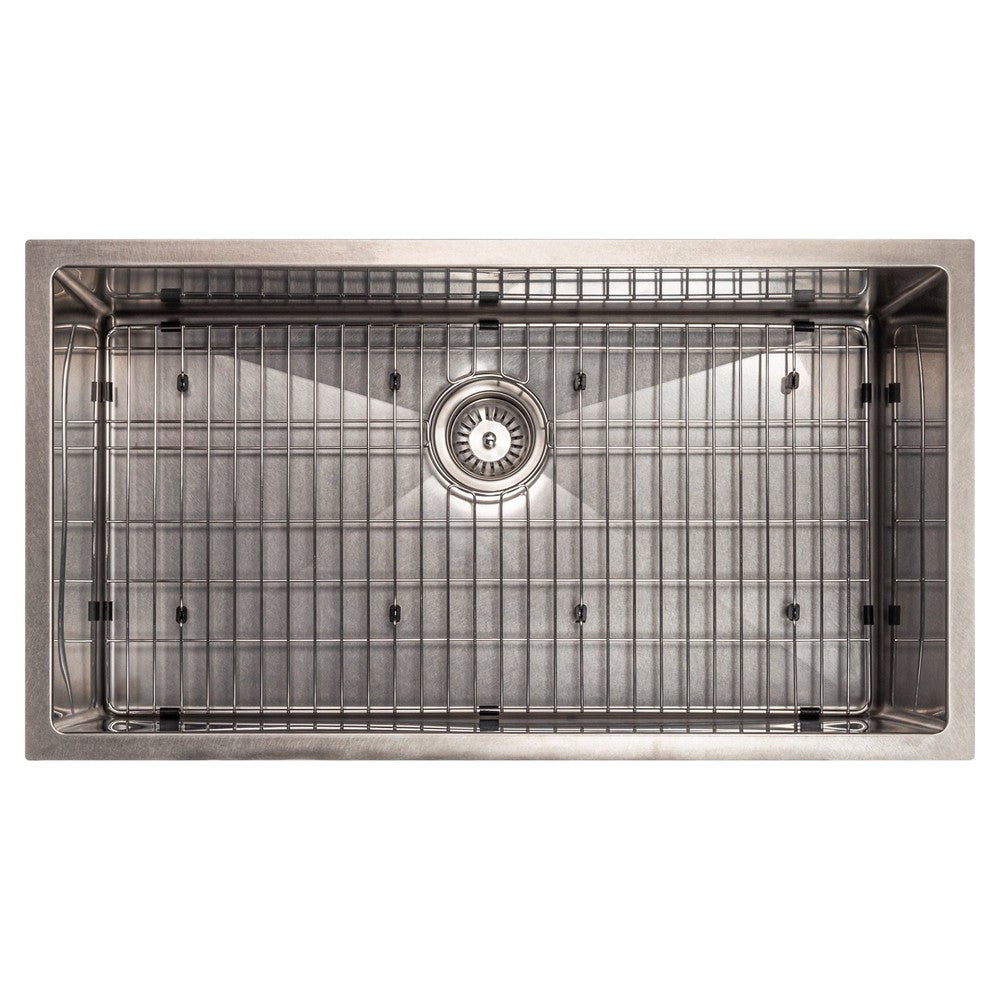 ZLINE Meribel 33 in. Undermount Single Bowl Scratch Resistant Stainless Steel Kitchen Sink with Bottom Grid (SRS-33S) overhead, with grate.