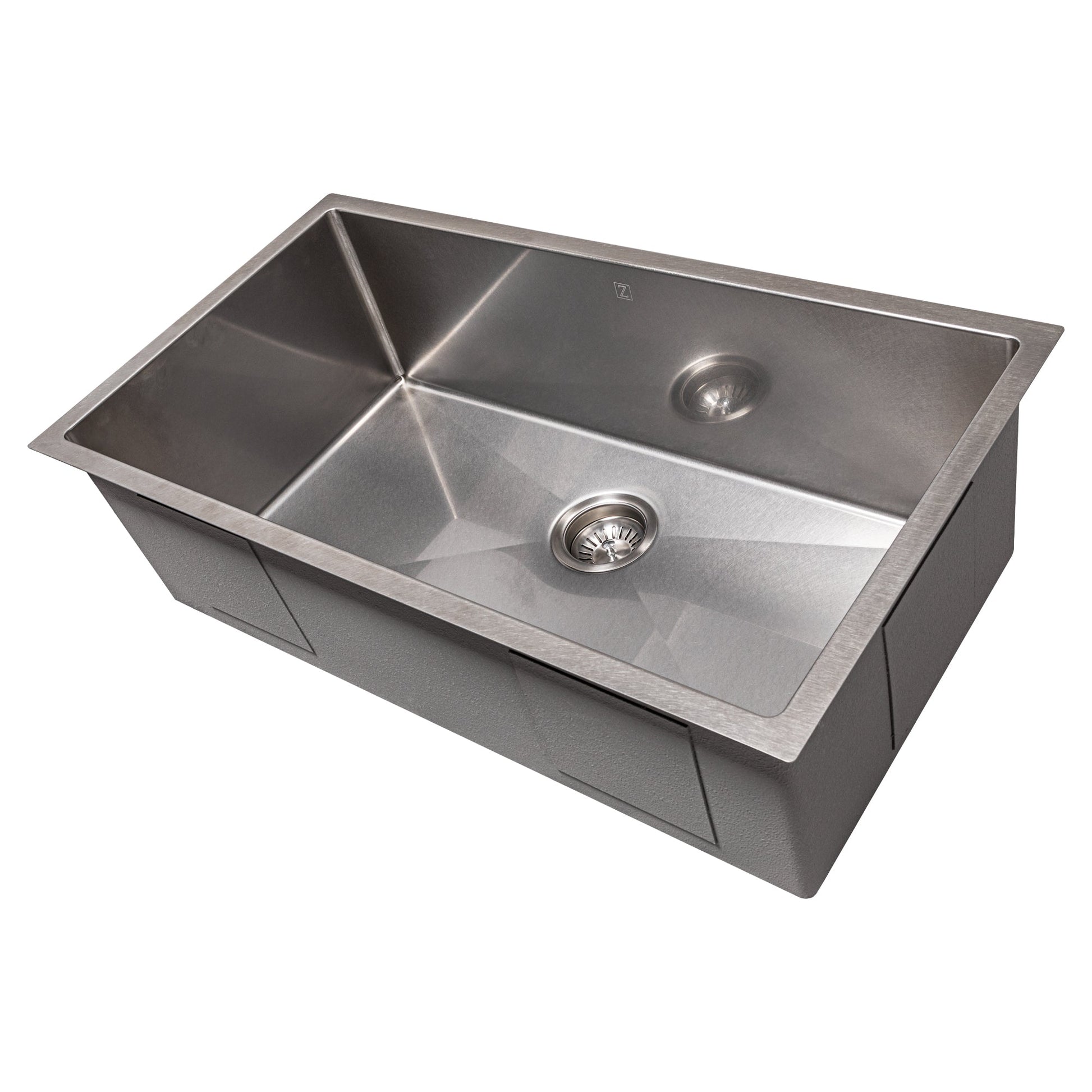 ZLINE Meribel 33 in. Undermount Single Bowl Scratch Resistant Stainless Steel Kitchen Sink with Bottom Grid (SRS-33S) side, angled, no grate.