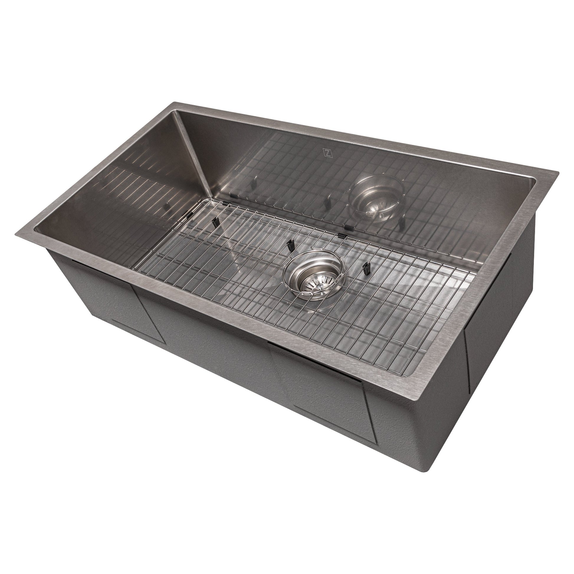 ZLINE Meribel 33 in. Undermount Single Bowl Scratch Resistant Stainless Steel Kitchen Sink with Bottom Grid (SRS-33S) side, angled, with grate.