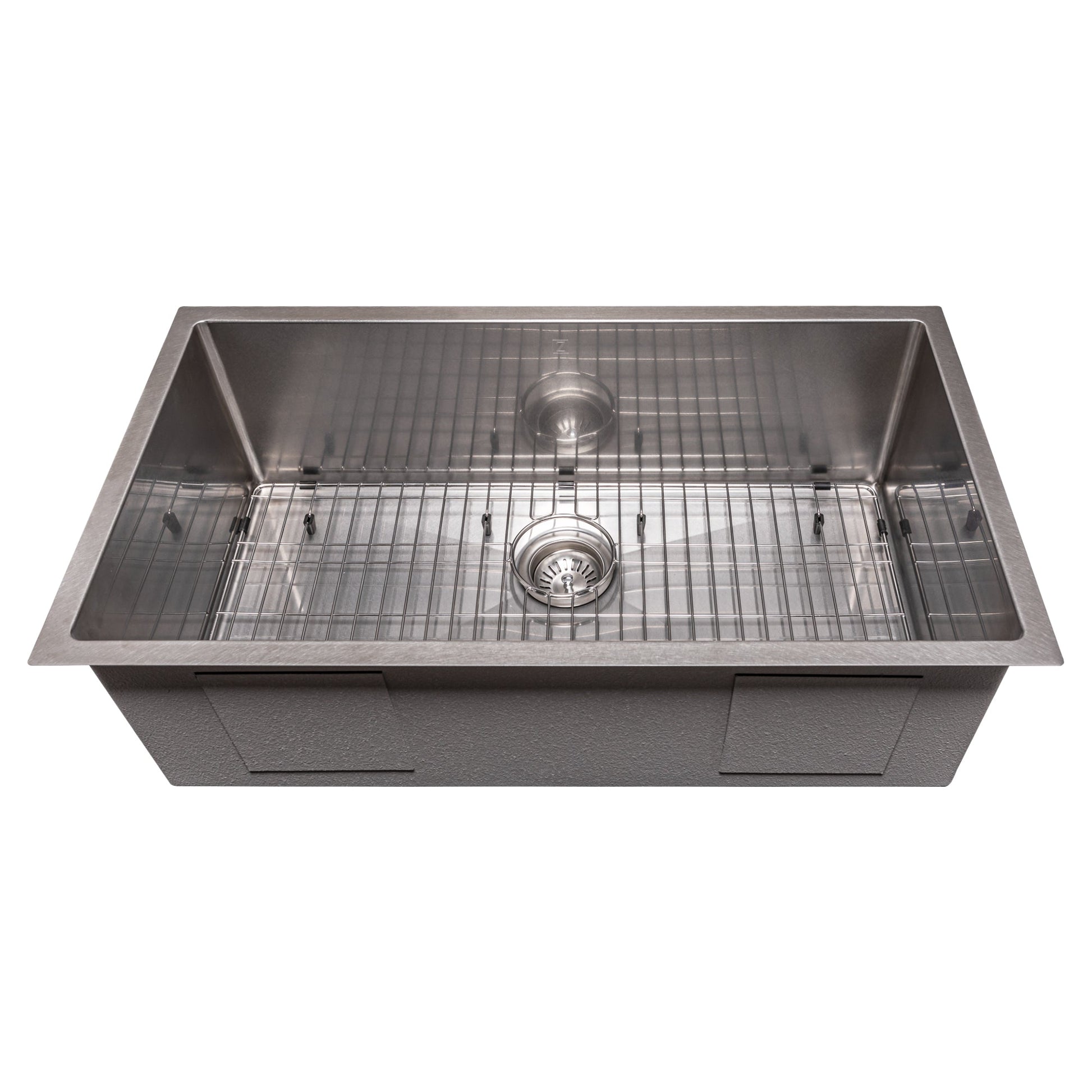 ZLINE Meribel 33 in. Undermount Single Bowl Scratch Resistant Stainless Steel Kitchen Sink with Bottom Grid (SRS-33S) front, above, with grate.