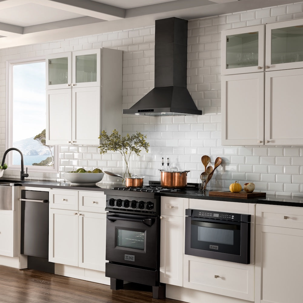 ZLINE 24 in. Convertible Vent Wall Mount Range Hood in Black Stainless Steel (BSKBN-24) in a luxury kitchen.