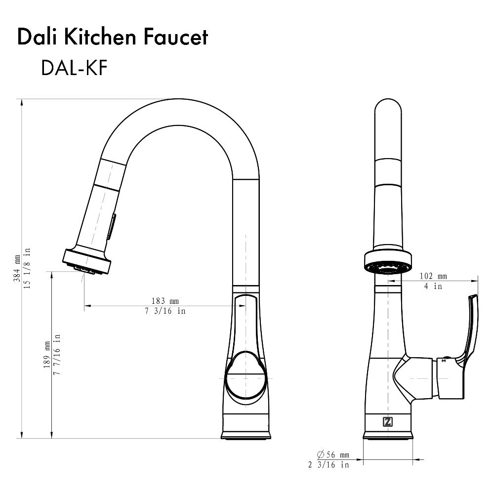 ZLINE Dali Pull Down Kitchen Faucet in Chrome (DAL-KF-CH) dimensional diagram.