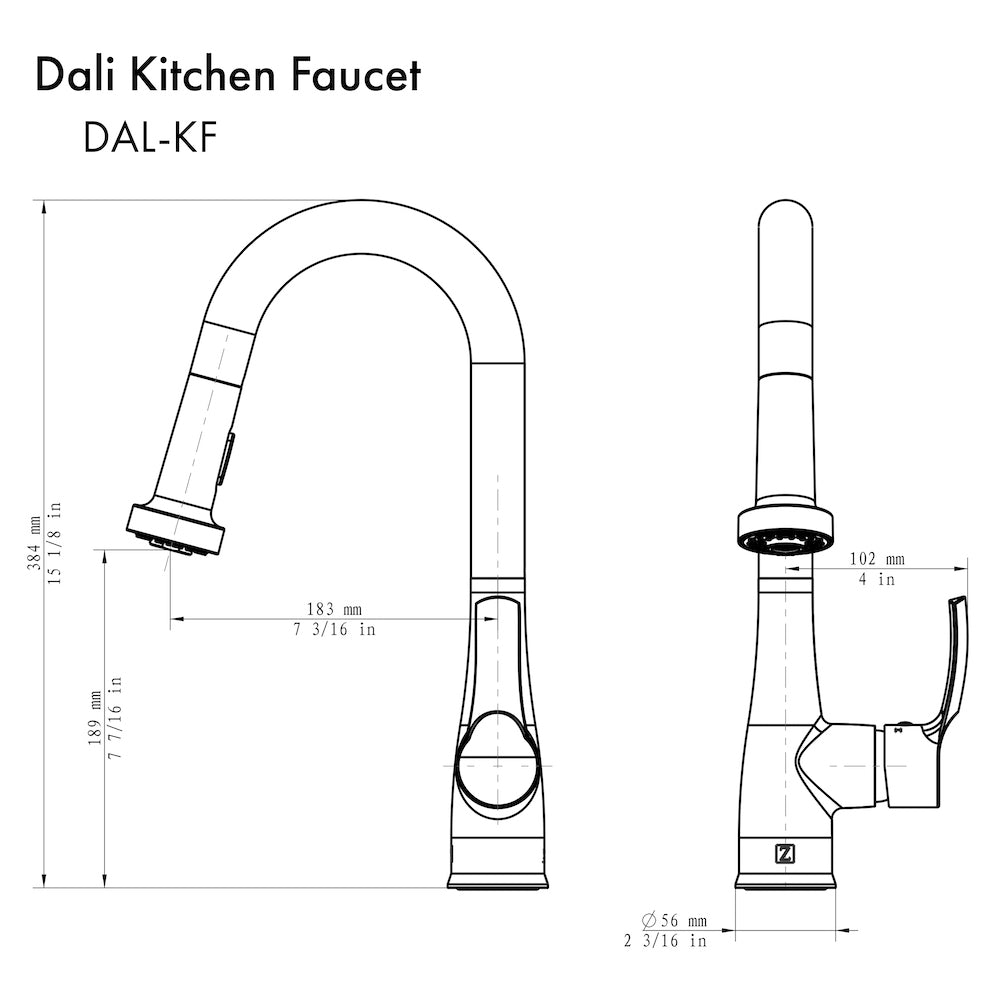 ZLINE Dali Pull Down Kitchen Faucet in Brushed Nickel (DAL-KF-BN) dimensional diagram.