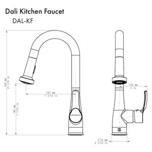 ZLINE Dali Pull Down Kitchen Faucet in Brushed Nickel (DAL-KF-BN) dimensional diagram.