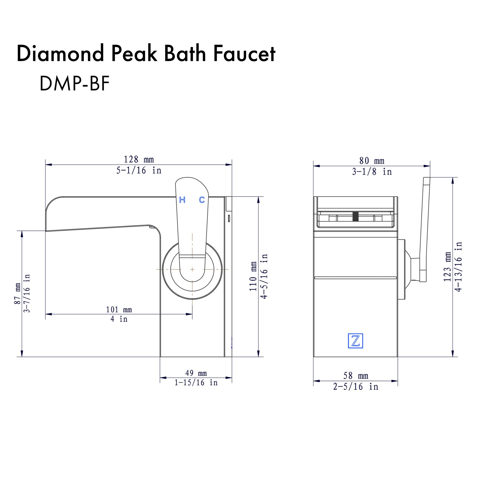 ZLINE Diamond Peak Waterfall Bath Faucet in Brushed Nickel (DMP-BF-BN) dimensional diagram.