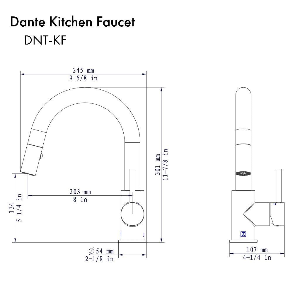 ZLINE Dante Pull Down Kitchen Faucet in Brushed Nickel (DNT-KF-BN) dimensional diagram.