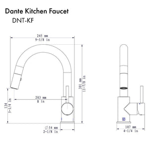 ZLINE Dante Pull Down Single Handle Kitchen Faucet in Brushed Nickel (DNT-KF-BN) dimensional diagram.