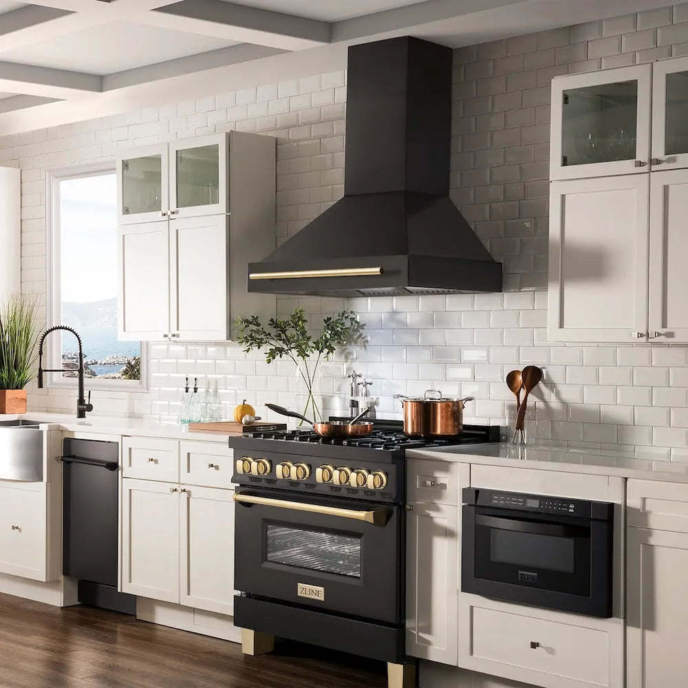 ZLINE Autograph Edition 36 in. Black Stainless Steel Range Hood with Polished Gold Handle (BS655Z-36-G)