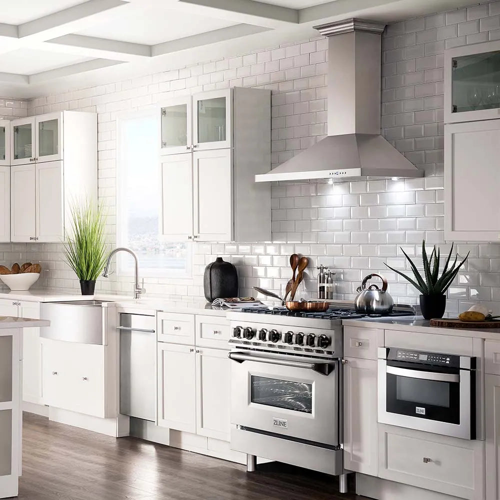 ZLINE 36 in. 4.6 cu. ft. Legacy Dual Fuel Range with Gas Cooktop and Electric Convection Oven in Stainless Steel with 6 Brass Burners (RA-BR-36) in a luxury kitchen with matching appliances.