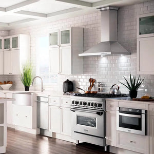 ZLINE 36 in. Dual Fuel Range with Gas Stove and Electric Oven in Stainless Steel (RA36) in a luxury farmhouse-style kitchen.