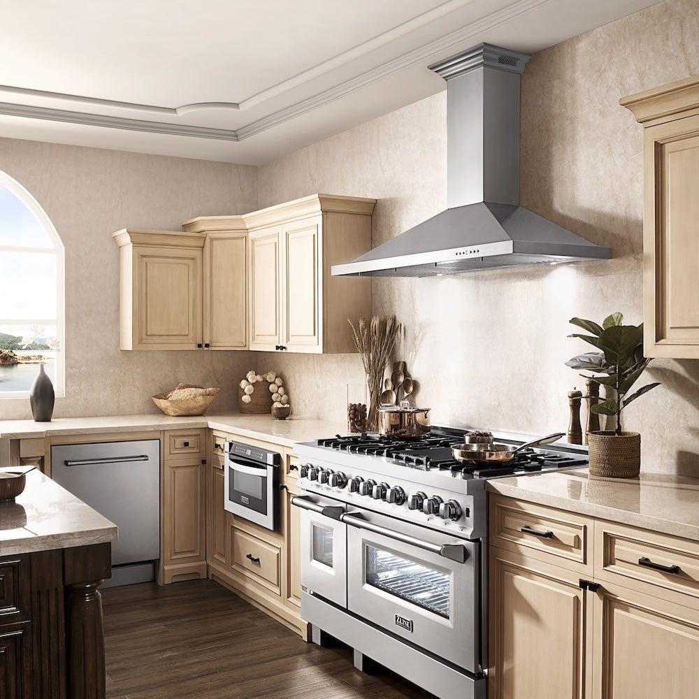 ZLINE 36 in. CrownSound™ Ducted Vent Wall Mount Range Hood in Stainless Steel with Built-in Bluetooth Speakers (KBCRN-BT-36)