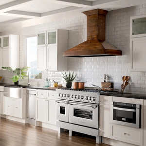 Farmhouse kitchen with white cabinets, ZLINE 48 in. 6.0 cu. ft. Legacy Dual Fuel Range with Gas Cooktop and 2 Electric Ovens in Satin Stainless Steel with 6 Brass Burners (RAS-SN-BR-48), and wooden hood.