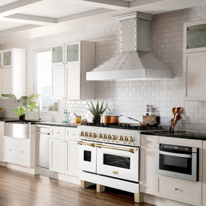 ZLINE Autograph Edition 48 in. 6.0 cu. ft. Legacy Dual Fuel Range with 7 Burner Gas Cooktop and 2 Electric Ovens in Satin Stainless Steel with White Matte Doors and Polished Gold Accents (RASZ-WM-48-G)