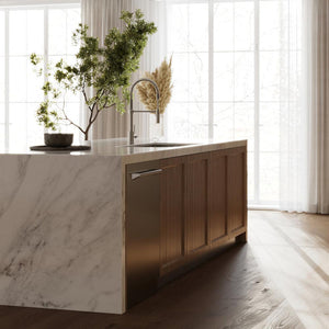 ZLINE Sierra Pull Down Spring Single Handle Kitchen Faucet in Chrome (SRA-KF-CH) in a modern farmhouse-style kitchen, side.