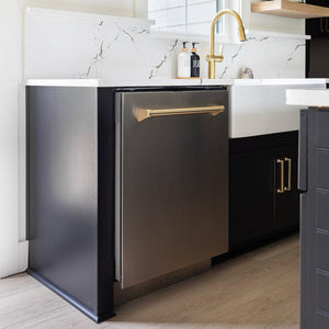 ZLINE Autograph Edition 24 in. Monument Series 3rd Rack Top Touch Control Tall Tub Dishwasher in Stainless Steel with Polished Gold Handle, 45dBa (DWMTZ-304-24-G) in a luxury mountain-style home, side.