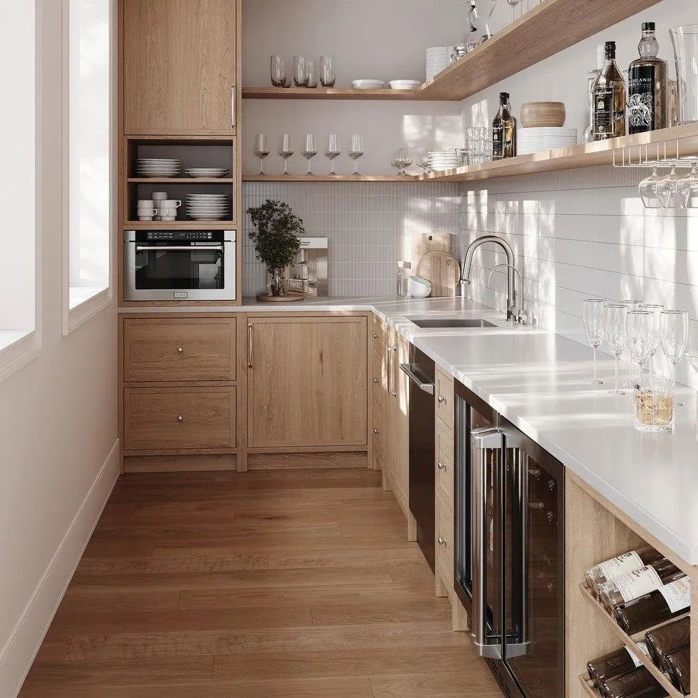 ZLINE 24 in. 1.2 cu. ft. Built-in Microwave Drawer with a Traditional Handle in Stainless Steel (MWD-1-H) in a modern butler's pantry with natural wood elements.