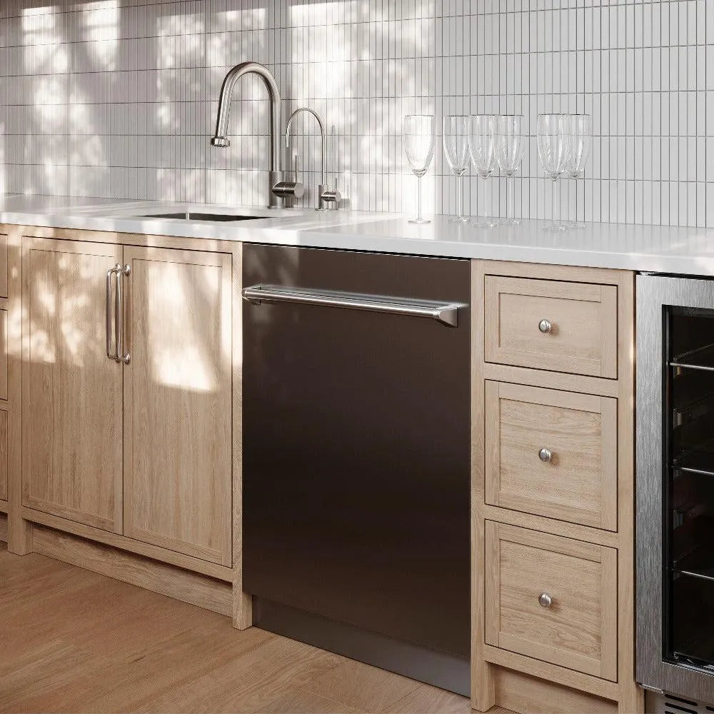 ZLINE 24 in. Tallac Series 3rd Rack Dishwasher in Stainless Steel with Traditional Handle, 51dBa (DWV-304-24) in a modern butler's pantry with natural wood elements.