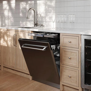 ZLINE 24 in. Tallac Series 3rd Rack Dishwasher in Stainless Steel with Traditional Handle, 51dBa (DWV-304-24) in a modern butler's pantry with natural wood elements.