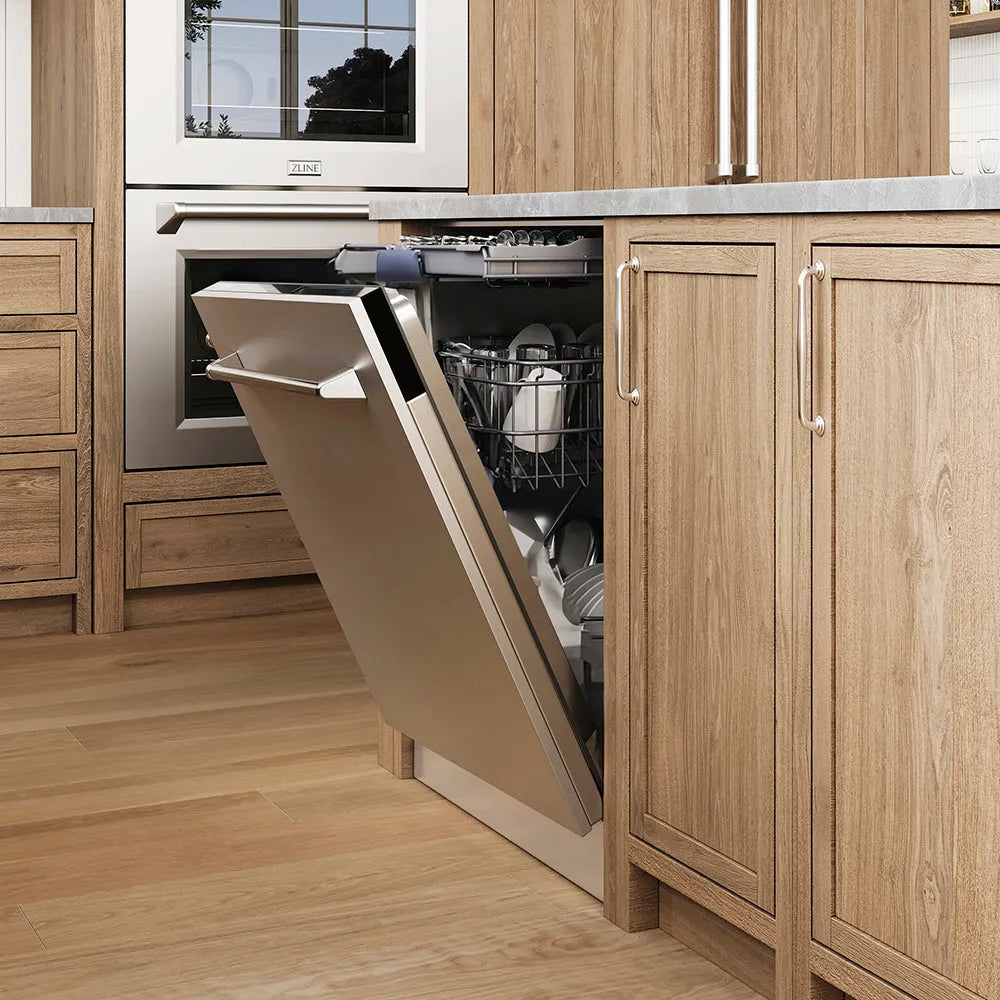 Open ZLINE 24 in. Tallac Series 3rd Rack Tall Tub Dishwasher in Stainless Steel, 51dBa (DWV-304-24) in a kitchen with wooden cabinets and appliances.