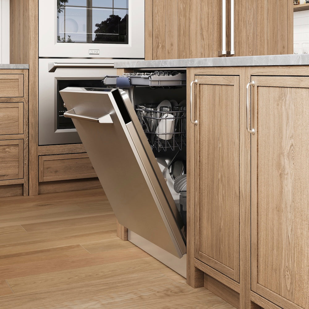 Open ZLINE 24 in. Tallac Series 3rd Rack Tall Tub Dishwasher in Stainless Steel, 51dBa (DWV-304-24) in a kitchen with wooden cabinets and appliances.