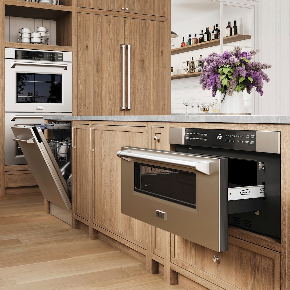 Modern kitchen with wooden cabinets, ZLINE 24 in. Tallac Series 3rd Rack Tall Tub Dishwasher in Stainless Steel, 51dBa (DWV-304-24), and a vase of flowers.