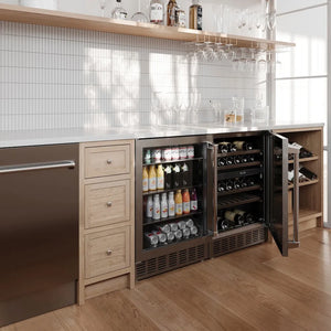 Custom butler's pantry kitchen with a built-in ZLINE 24 in. Monument 154 Can Beverage Fridge in Stainless Steel (RBV-US-24) and open cabinet displaying drinks.