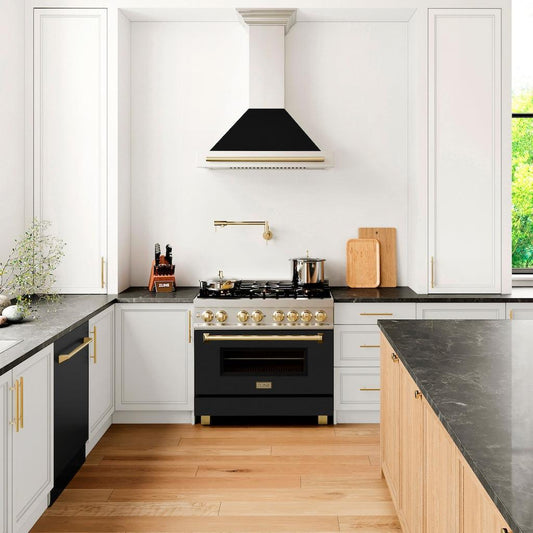 ZLINE Autograph Edition Convertible Stainless Steel Range Hood with Black Matte Shell and Polished Gold Handle (KB4STZ-BLM-G) in a luxury kitchen with matching range and microwave.