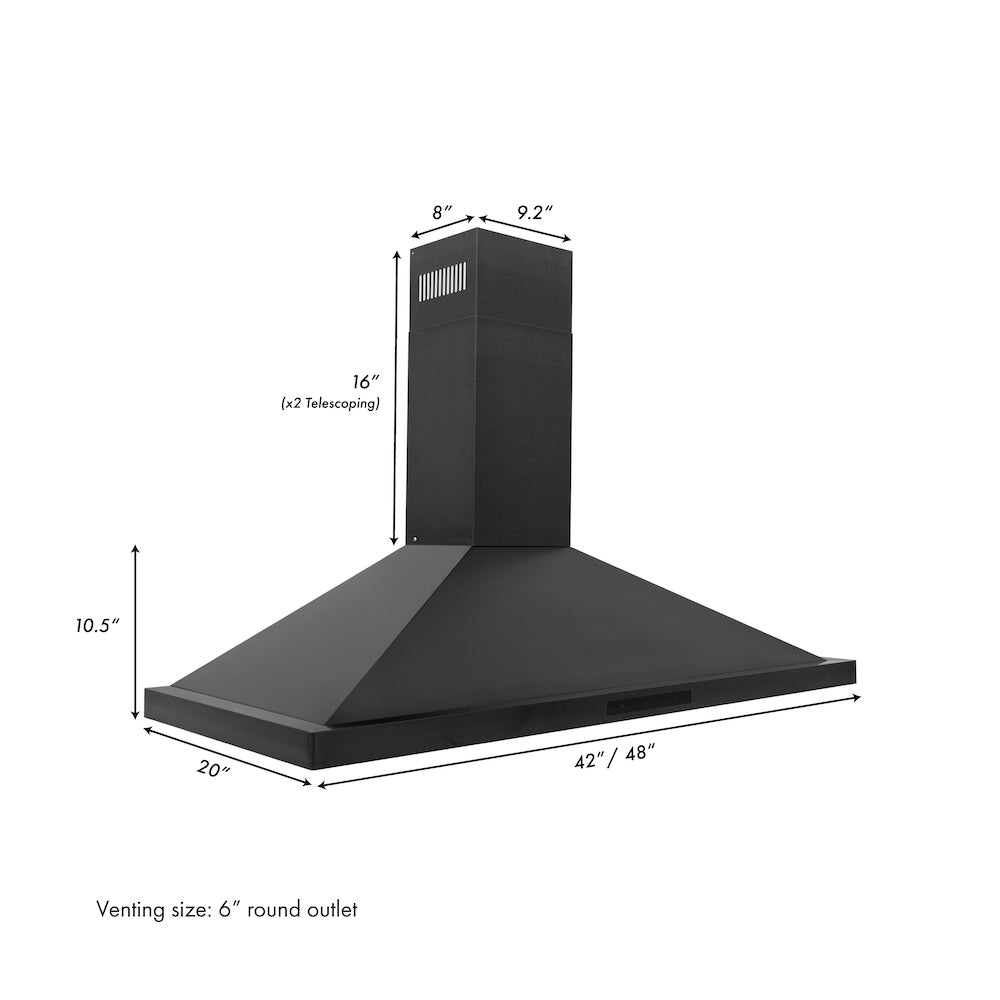 ZLINE 48 in. Convertible Vent Wall Mount Range Hood in Black Stainless Steel (BSKBN-48) dimensional diagram.