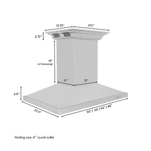 ZLINE 30 in. CrownSound™ Ducted Vent Island Mount Range Hood in Stainless Steel with Built-in Bluetooth Speakers (GL2iCRN-BT-30) dimensional diagram.
