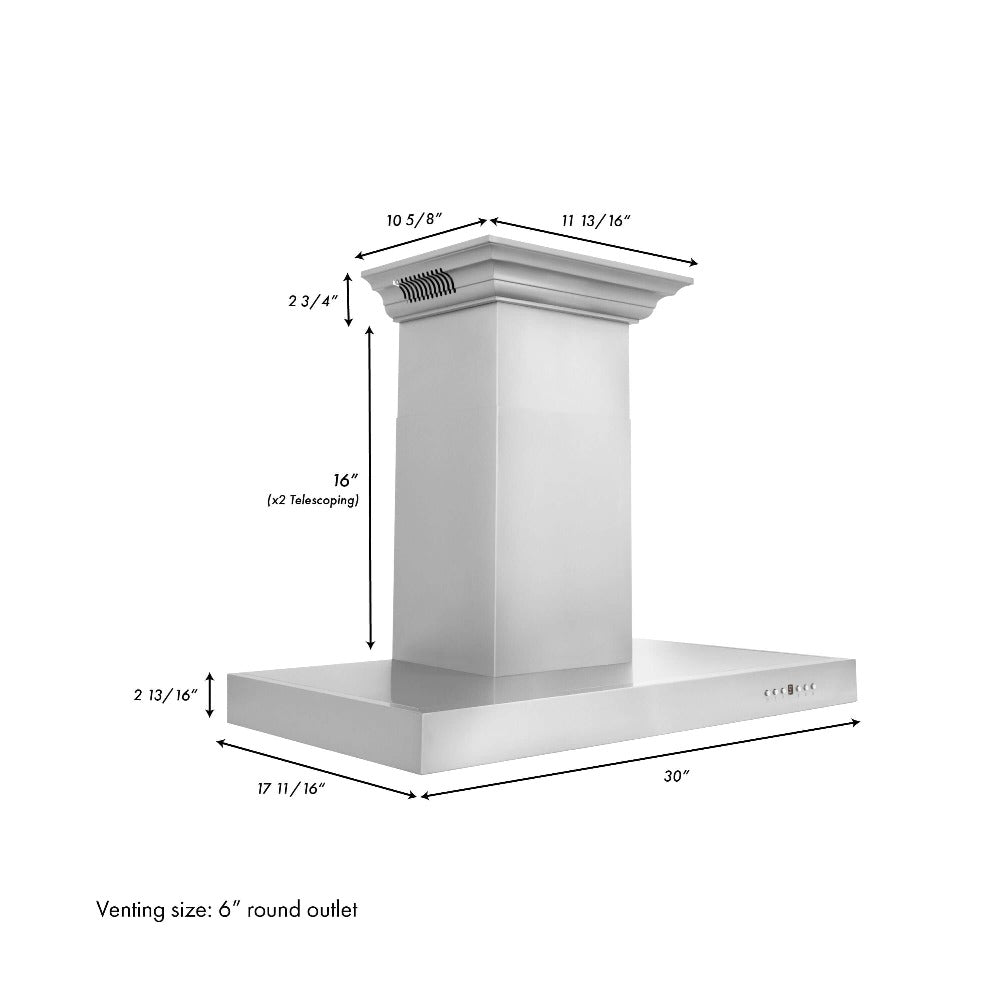 ZLINE 30 in. CrownSound™ Ducted Vent Wall Mount Range Hood in Stainless Steel with Built-in Bluetooth Speakers (KECRN-BT-30) dimensional diagram.