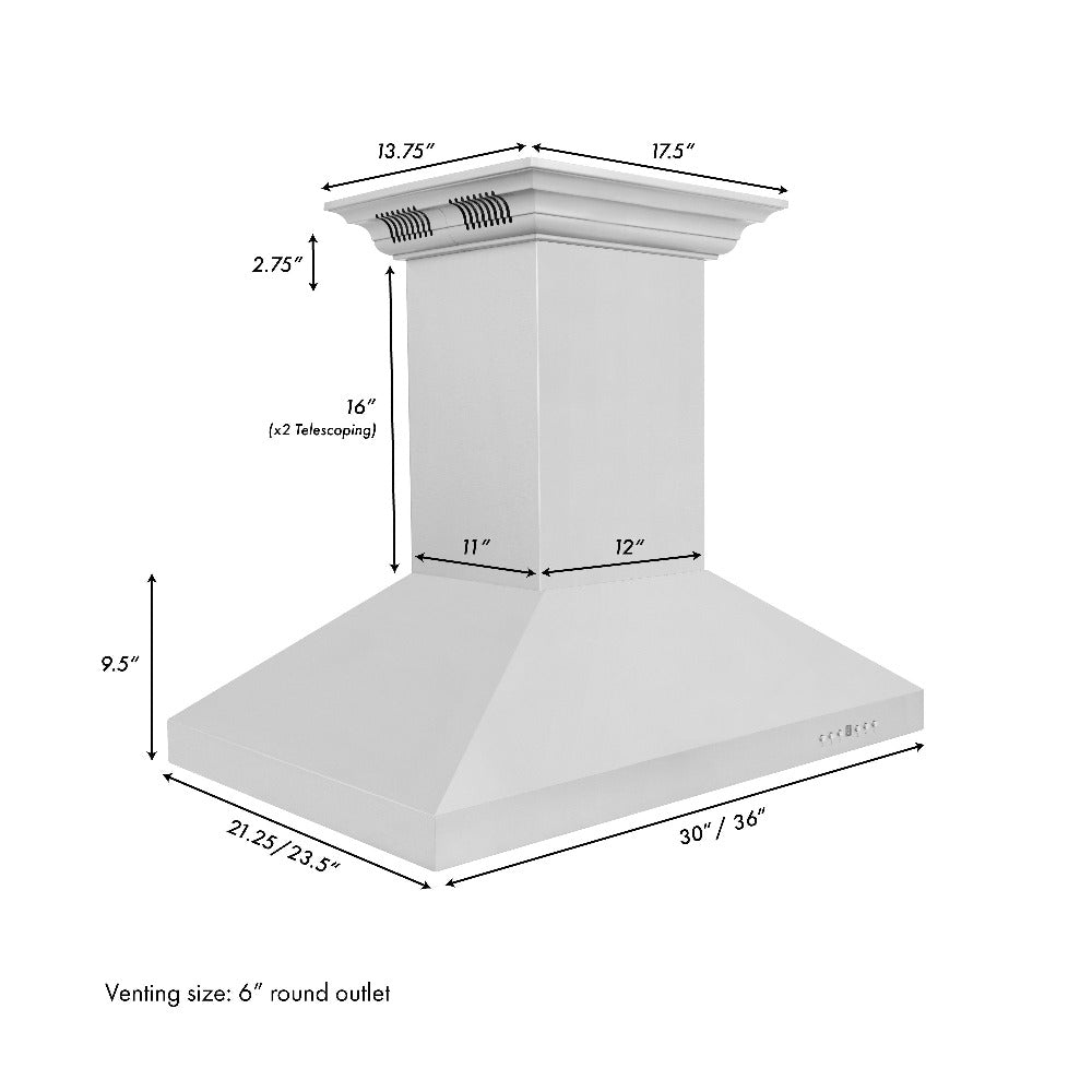 ZLINE 36 in. CrownSound™ Ducted Vent Island Mount Range Hood in Stainless Steel with Built-in Bluetooth Speakers (KL3iCRN-BT-36) dimensional diagram.